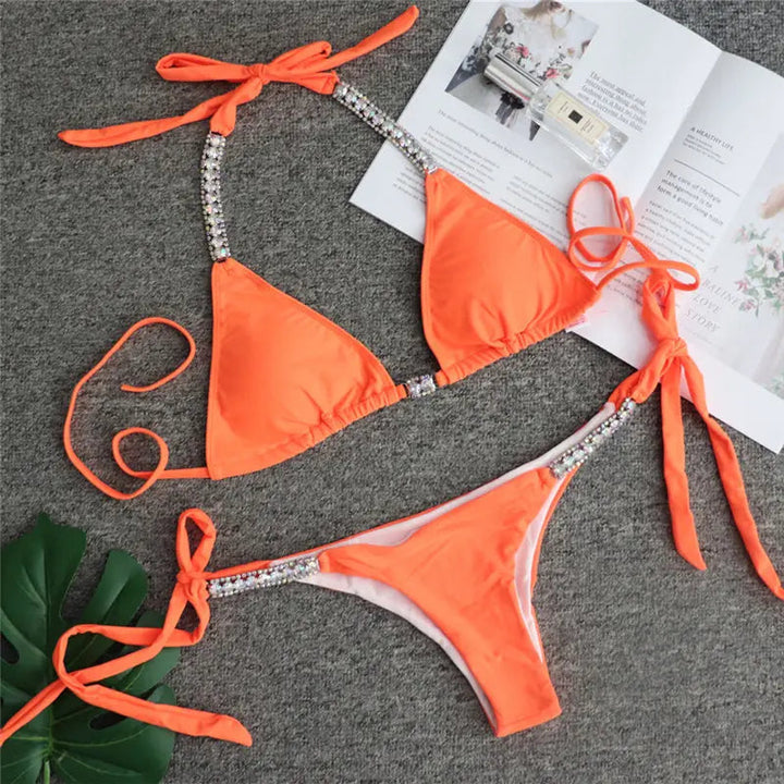 Biquíni Cortininha Push Up Com Strass - Conjunto Rafa Casa Sereia Orange S 