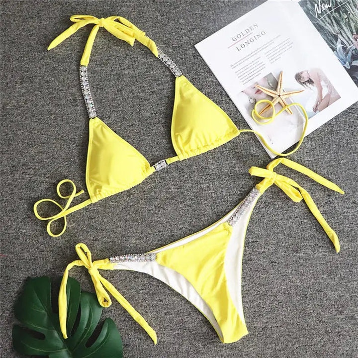 Biquíni Cortininha Push Up Com Strass - Conjunto Rafa Casa Sereia Yellow S 